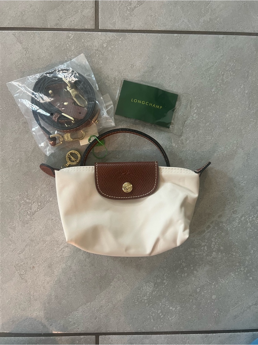 Longchamp Small Cream Nylon Mini Top-Handle Bag with Brown Leather Trim